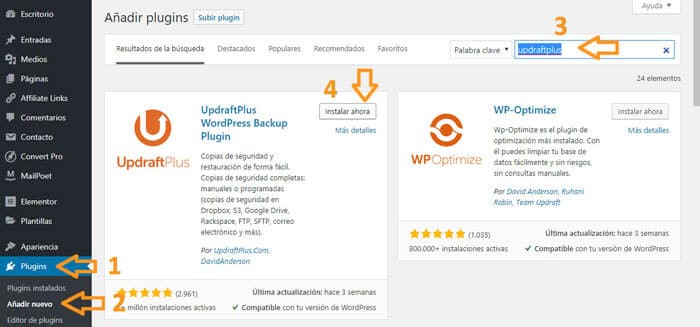Instalación plugin Updraftplus